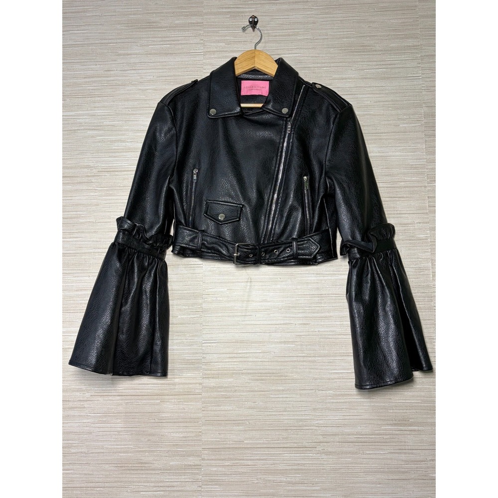 Azalea Wang Cropped Motorcycle Jacket Womens L Black Faux Leather Bell Sleeve